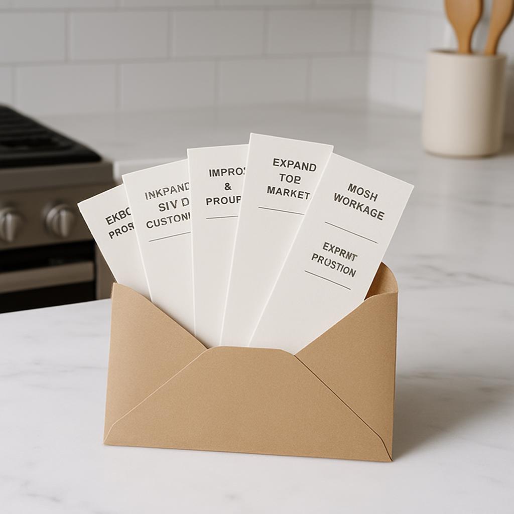 A collection of cards is displayed in an open envelope, featuring printed text that appears to be associated with design. ...