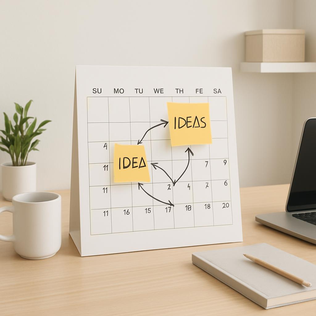 A workstation with a desk, laptop, diary, and props.