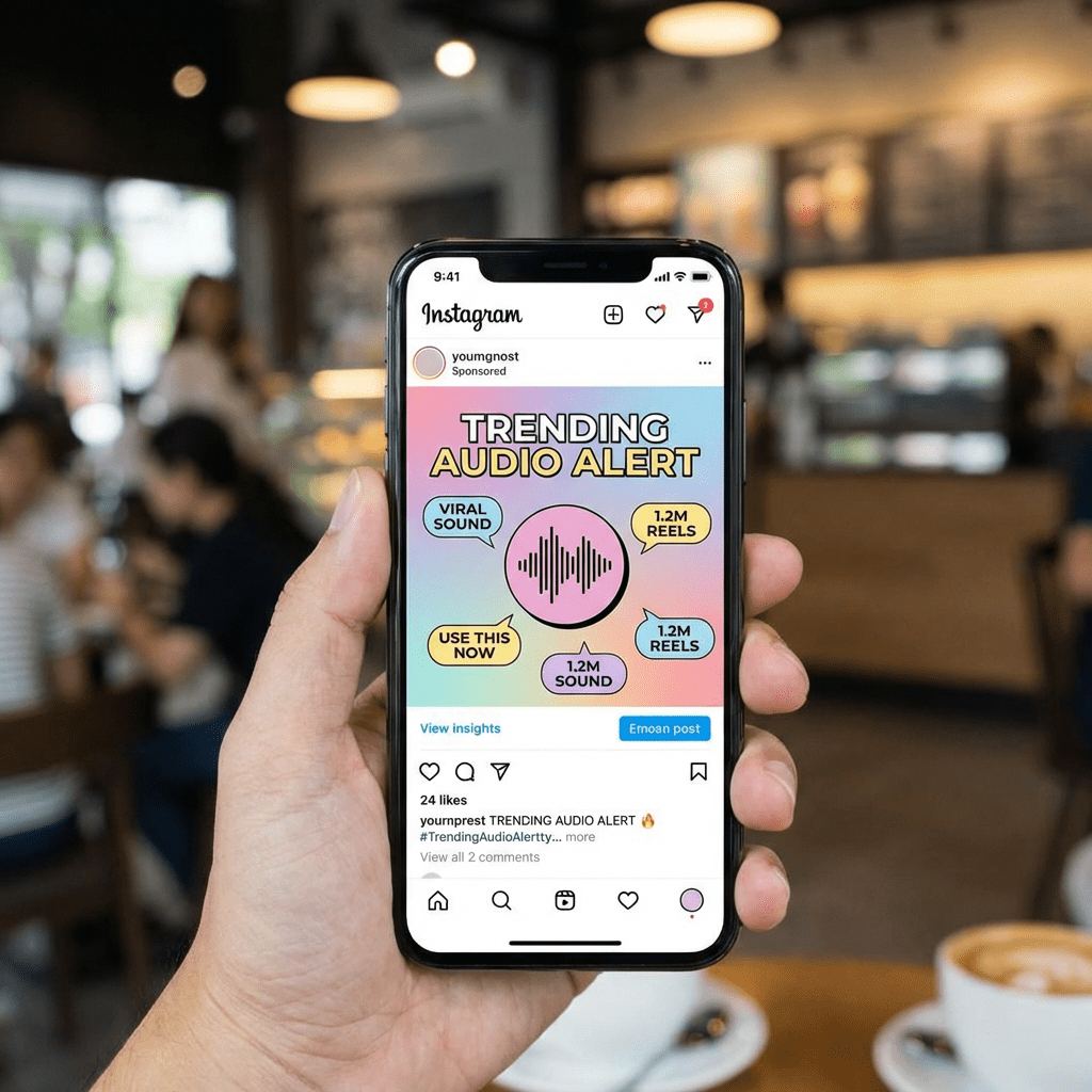 Hand holding phone showing Instagram post TRENDING AUDIO ALERT with viral sound and usage stats.